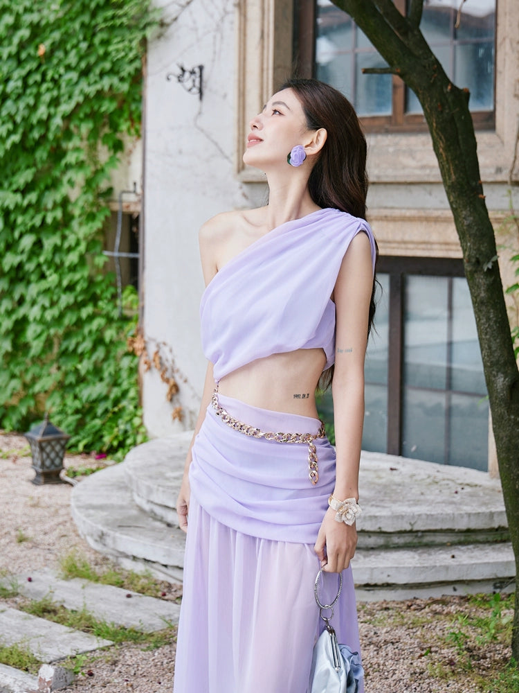 DOLLY Elegant Purple French Style Slant Collar Sleeveless Long Resort Dress-HILDA