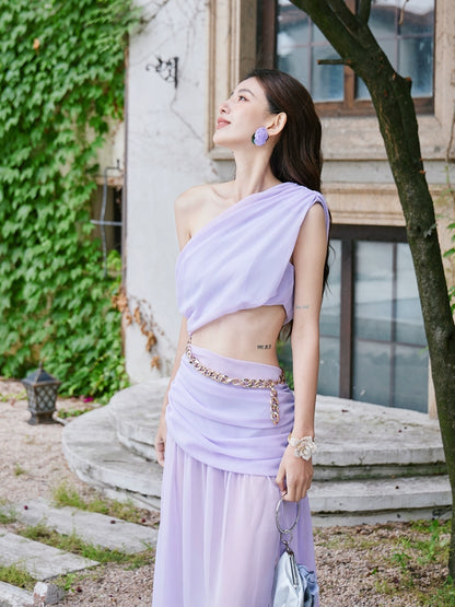 DOLLY Elegant Purple French Style Slant Collar Sleeveless Long Resort Dress-HILDA