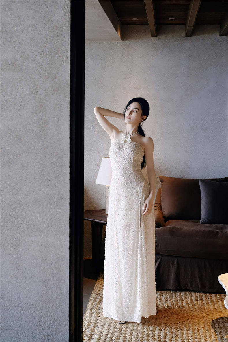 Wardrobes by Chen Luxury French Embroidered Butterfly Halter neck slick Dress- Kara