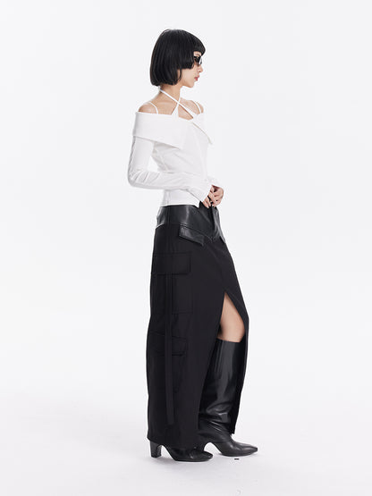TINY IN crossover off-the-shoulder large lapel knitted long sleeve cut-out top-YOMI