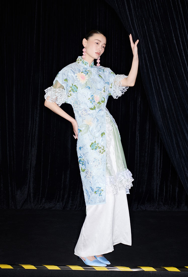 M essential Mackay designer Jiyi embroidery silk hand-dyed embroidered maxi dress - BAM.