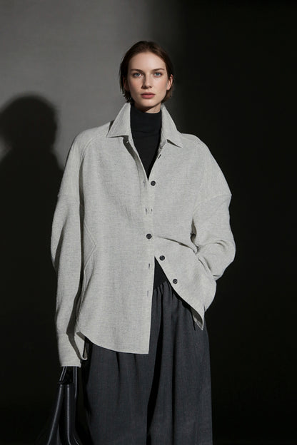 PIAOIN Luxury Old Money Style Wool Shirt Women's Single Breasted Shirt-FERA