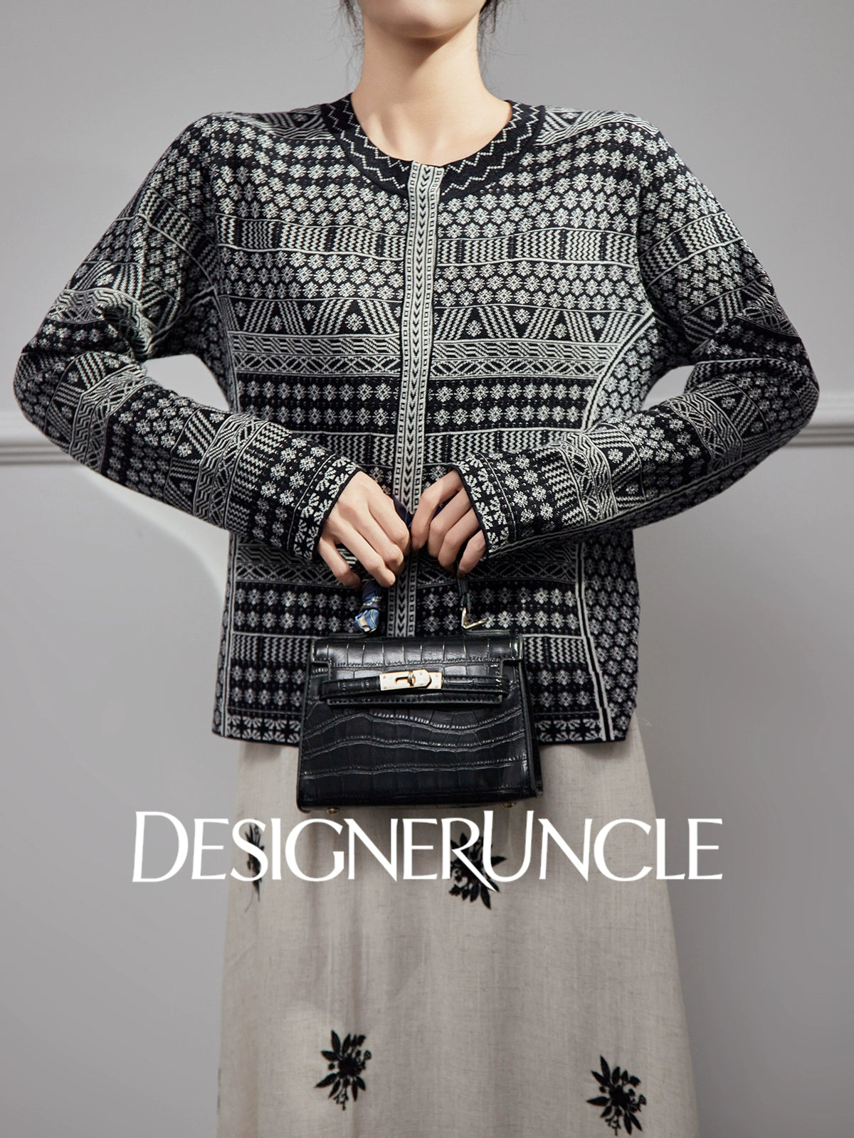 DGU| Black sweater geometric jacquard niche design jacket knitted top - JUGALAR.