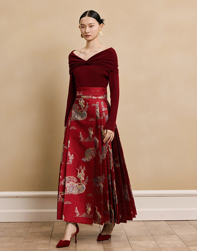 HECO  long-sleeved black red knitwear off-the-shoulder spring - DREAM.