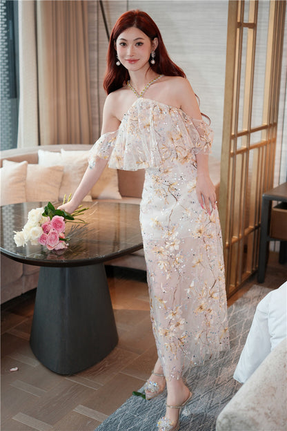 Wardrobes by Chen Elegant wedding guest Halter Sleeveless Lace bridal Dress- Megan