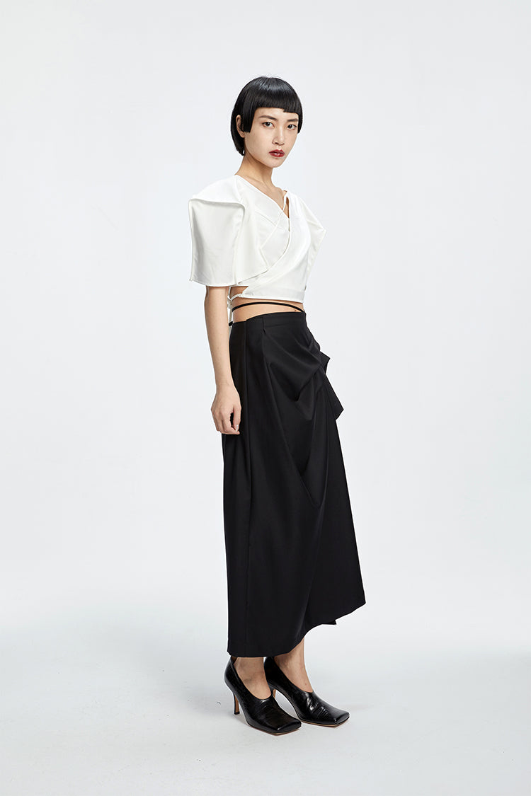 Tiny in three-dimensional square sleeve cross collar tie irregular shirt top women's short -CAM