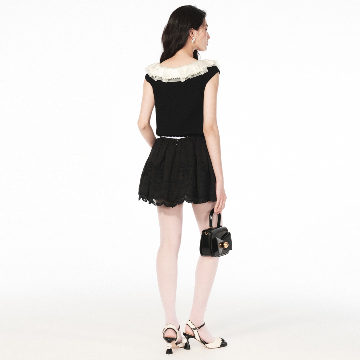 FAME ruffled collar patchwork knit top - AURORA