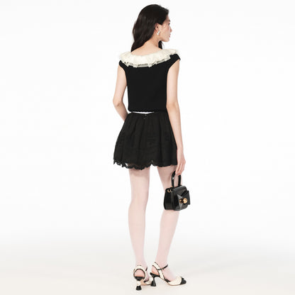 FAME ruffled collar patchwork knit top - AURORA