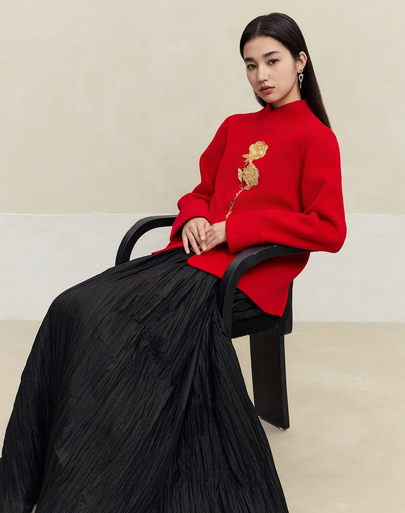 HECO 100% wool Embroidery Red black Short Double-Sided Tweed Jacket Women - out.