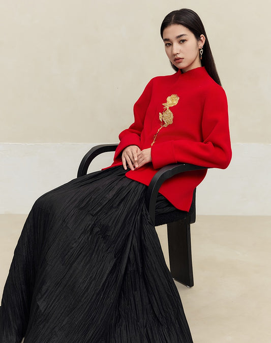 HECO 100% wool Embroidery Red black Short Double-Sided Tweed Jacket Women - out.