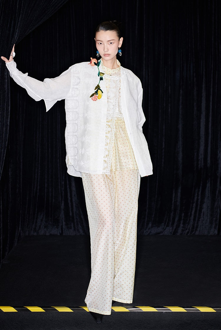 M essential Mackay designer polka dot silk cotton elasticated wide-leg trousers - YVONE.