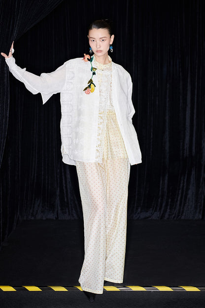 M essential Mackay designer polka dot silk cotton elasticated wide-leg trousers - YVONE.