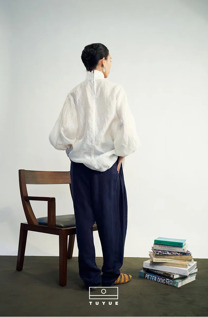TUYUE White Linen Stand Collar Puff Sleeve Loose Silhouette Top-EVE