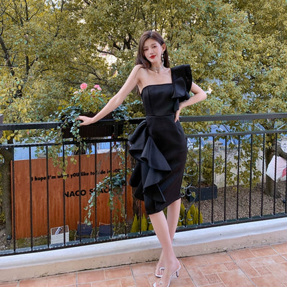 DOLLY Elegant Off Shoulder Ruffle Slim Fit Midi Wedding Guest Dress-JADE