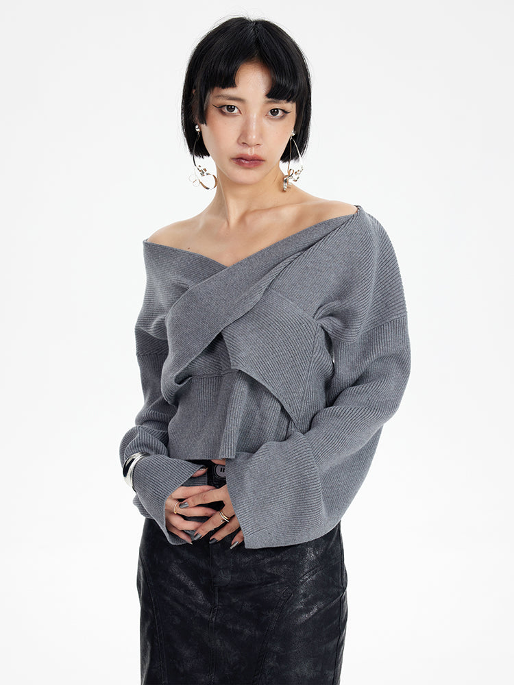 TINY IN original design cross-twisted gray wool knit women's shoulder sweater-QUE