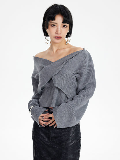 TINY IN original design cross-twisted gray wool knit women's shoulder sweater-QUE
