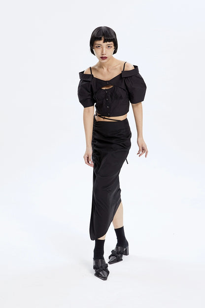 TINY IN stitched off-the-shoulder cut-out ultra-cropped women's shirts- CART