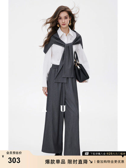 AUI Gray Striped High Intelligence Suit Wide-leg Temperament Loose Pants - Ji-woo