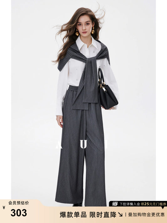AUI Gray Striped High Intelligence Suit Wide-leg Temperament Loose Pants - Ji-woo