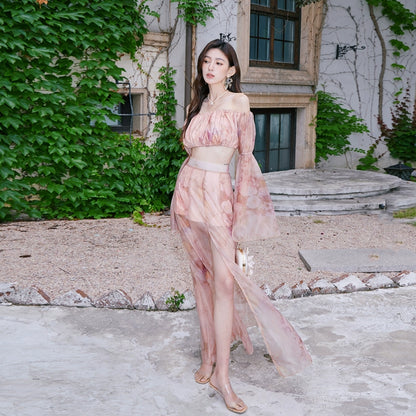 DOLLY Luxury Retro French Style Long Sleeve Top+ Retro Print Midi Slit Skirt-BIANCA