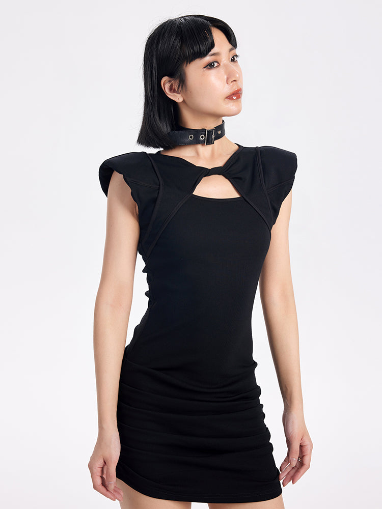 TINY IN wide-shouldered cut-out pleated short dress -ADE