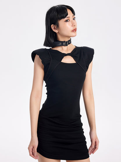 TINY IN wide-shouldered cut-out pleated short dress -ADE