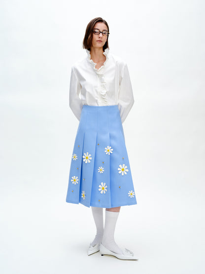 SERRER Small daisy flower hand-studded beaded light blue pleated skirt - AISHA.