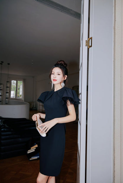 DOLLY Elegant Black Half Turtle Neck Short Puff Sleeve Midi Mesh Dinner Dress-AARTI