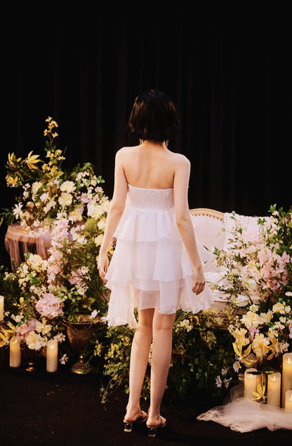 DOLLY Luxury White Feather Tube Top Flower French Style Dress-Hola