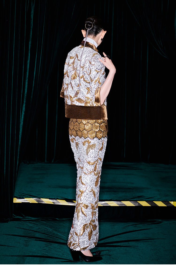 M essential Mackay luxury brown silver stand collar short seuins  jacket top pencil skirt set - sans.