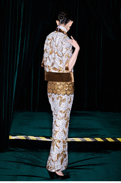 M essential Mackay luxury brown silver stand collar short seuins  jacket top pencil skirt set - sans.