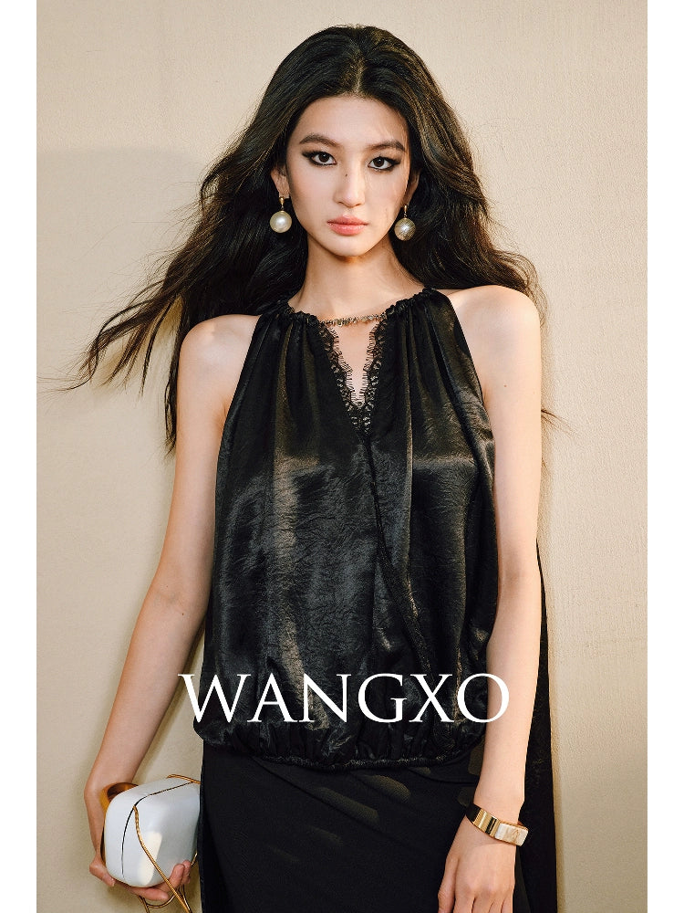 WANGXO|Lace-Trimmed Metal Chain Halterneck V-Neck Pleated Top with Delicate Texture -AYRA