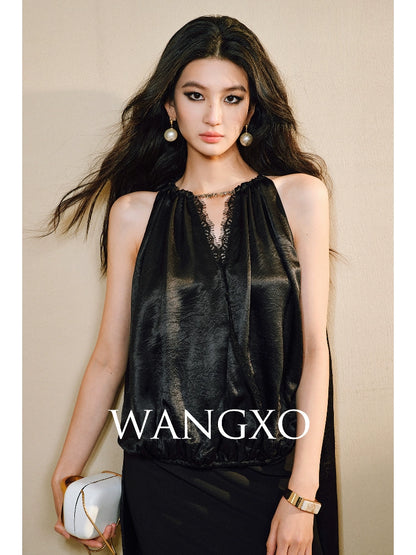 WANGXO|Lace-Trimmed Metal Chain Halterneck V-Neck Pleated Top with Delicate Texture -AYRA