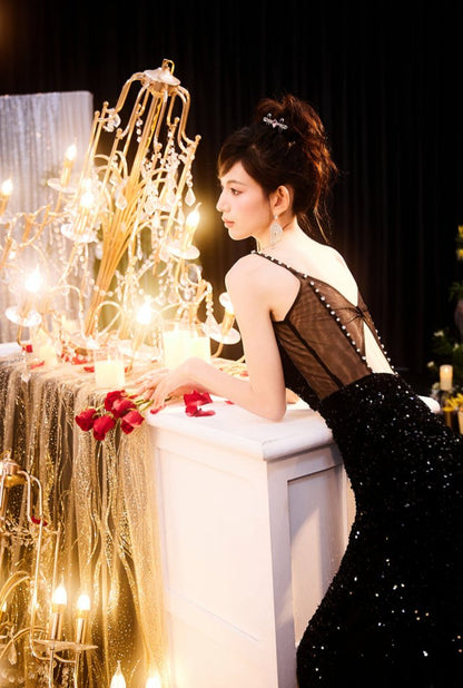 DOLLY Luxury Black Sleeveless Sequin High Waist Fish Tail Sexy Evening Dress-LYRA