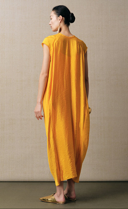 ZHUCHONGYUN yellow cocoon loose shirred V-neck dress-FAND.