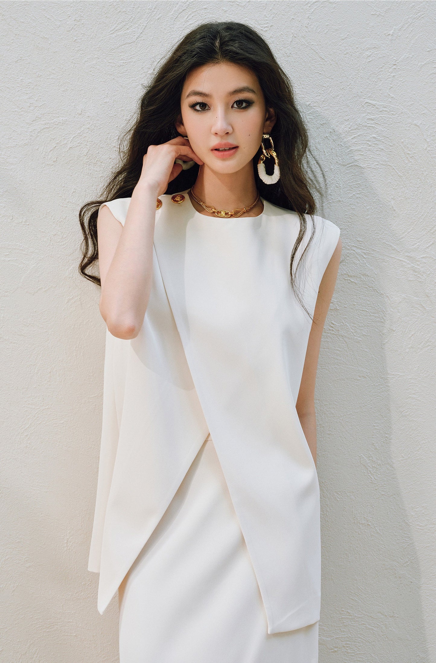 WANGXO Elegant Commuter-Style Diagonal Placket with Loose Pleated Slit Vest & Skirt Suit Set -NALA
