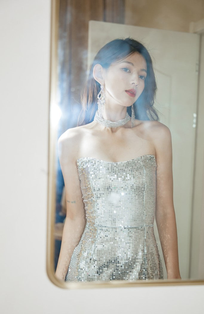 DOLLY Luxury Sleeveless Sequin Tube Top High Waist Feather Fish Tail Midi Cocktail Dress-BROOKE