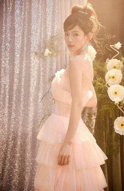 DOLLY Luxury Peach Pink French Style Tube Top Sleeveless High Waist Prom Dress-PEACHES