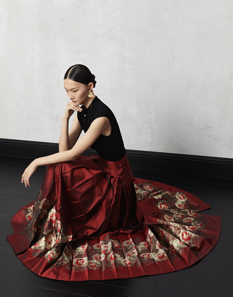 HECO Woven Gold Pattern Blue Horse Face Pleated High Waisted Skirt - tech.