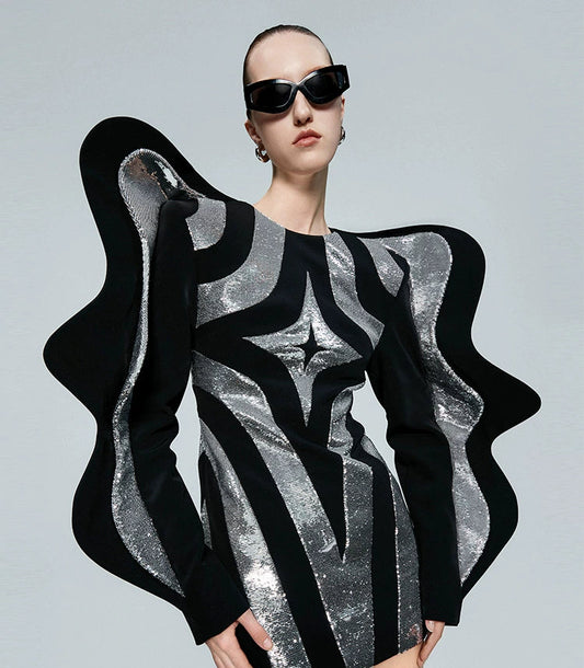 ANNAKIKI designer triacetate quadrangle contrast fractal wavy sleeve dress-ZOLDYCKE