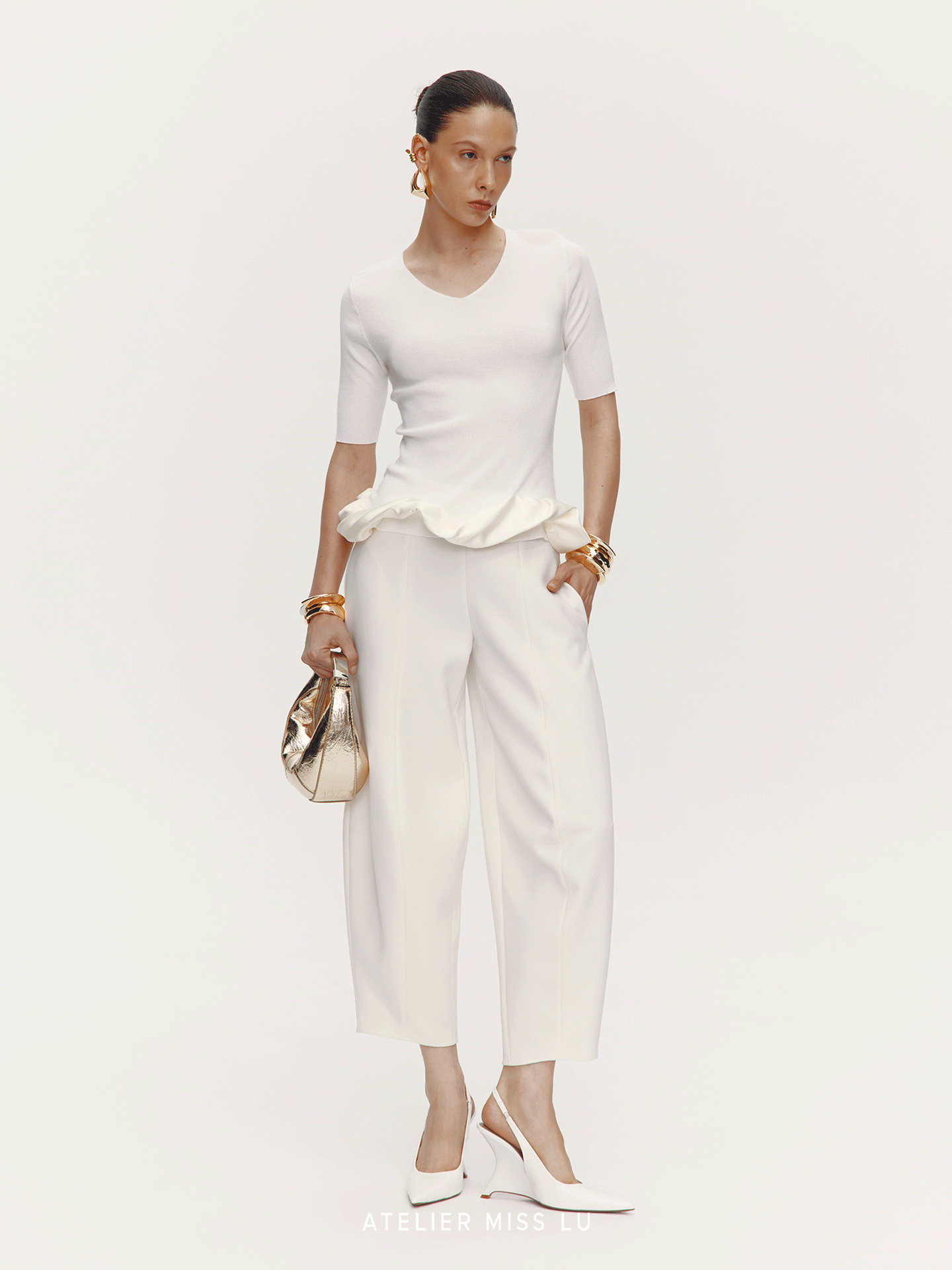 ATELIER MISS LU Hem Cloud Surround Stitching V-Neck Knitted Top - FLOD.