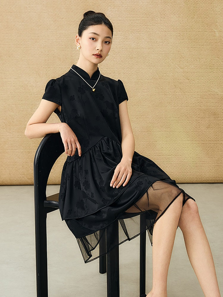 HECO Acetate Jacquard Midi Tiered Cap Sleeves Dress - HEART.