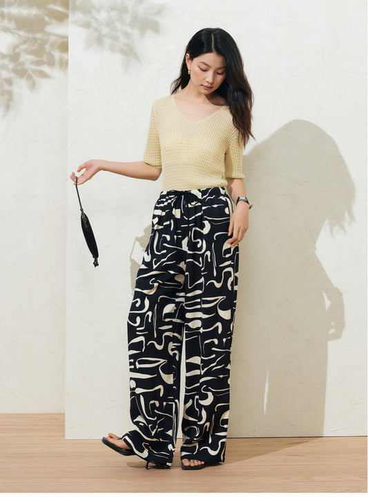 Sushe Neo-Bohemian Tencel linen print drawstring tie wide-leg slacks -JULIET