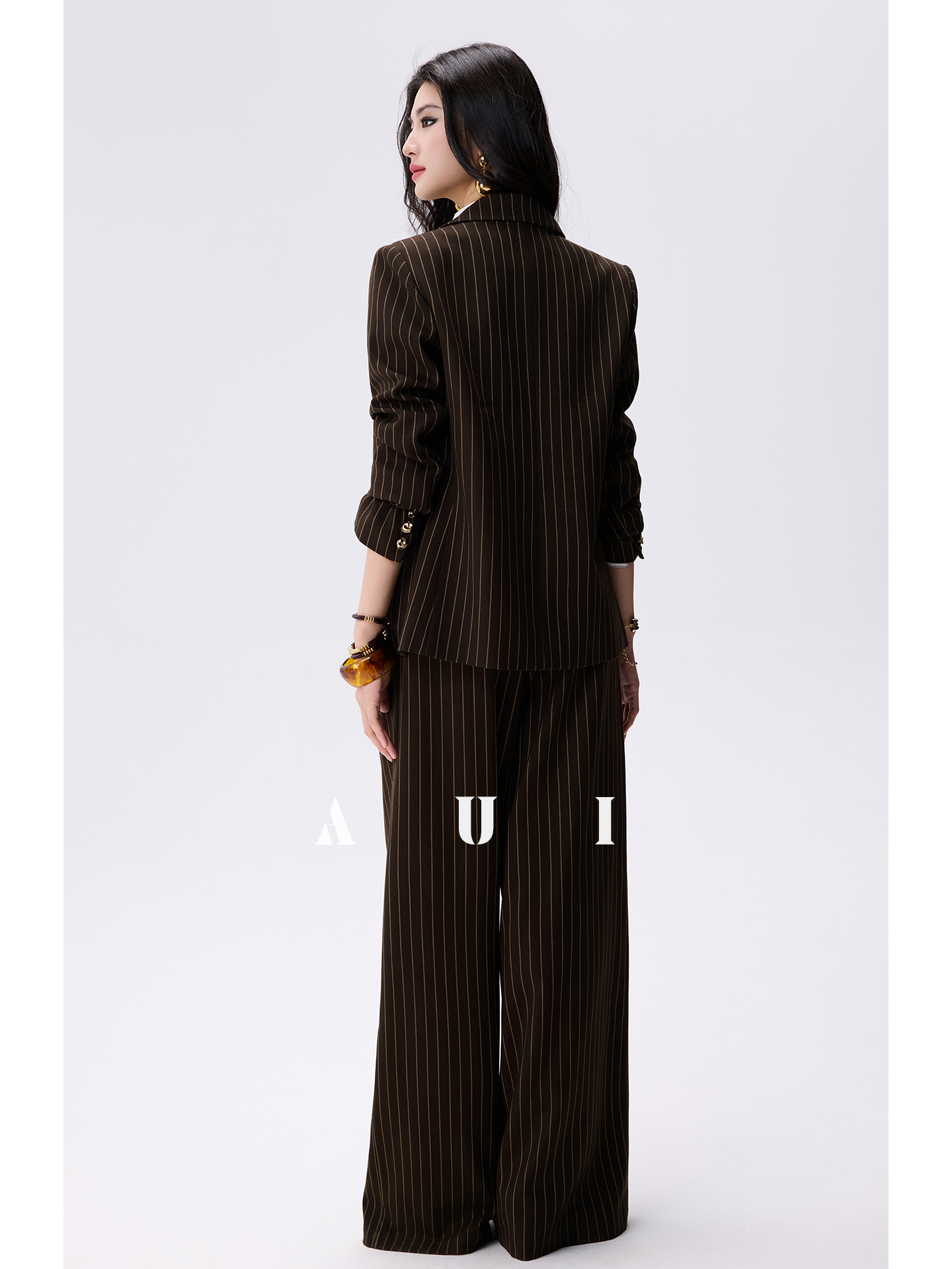 AUI Brown Striped Blazer Long Sleeve Polo Two-Piece Suit Skirt -  Haneul.