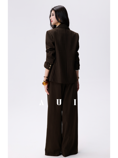 AUI Brown Striped Blazer Long Sleeve Polo Two-Piece Suit Skirt -  Haneul.