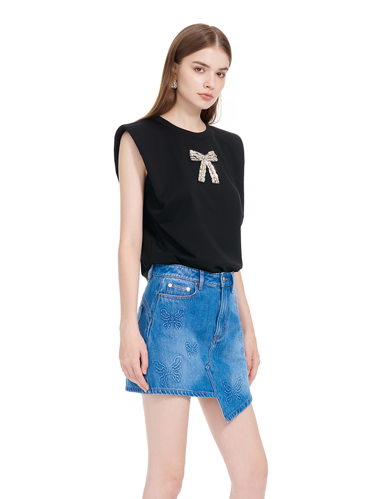 YES BY YESIR | Ye Qians Full Diamond Bow Crew Neck Sleeveless T-Shirt -VERALYN.