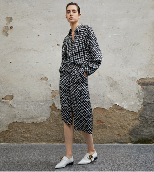 COMME MOI Lv Yan designer women's elegant silk black and white printed long sleeve dress - EMILIA.