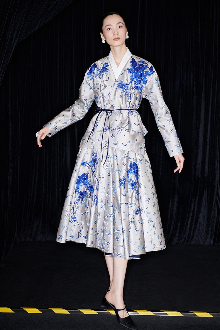 M essential Mackay designer butterfly dance jacquard blue vine and butterfly coat - WEST.