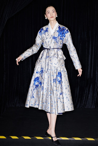 M essential Mackay designer butterfly dance jacquard blue vine and butterfly coat - WEST.