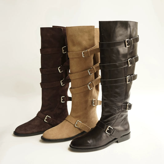 B-FEI belt buckle high-top leather women's fashion boots.